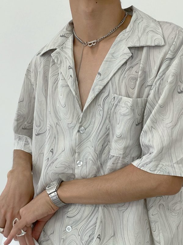 Vintage Wave Pattern Ice Silk Short Sleeve Shirt for Men, Loose Casual Cuban Collar Beach Shirt - Summer Style
