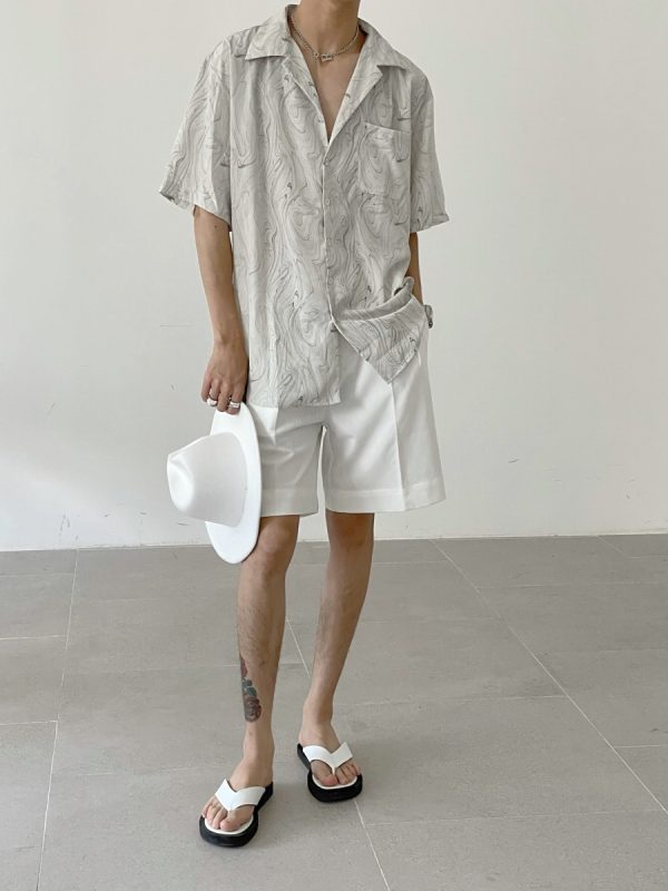 Vintage Wave Pattern Ice Silk Short Sleeve Shirt for Men, Loose Casual Cuban Collar Beach Shirt - Summer Style