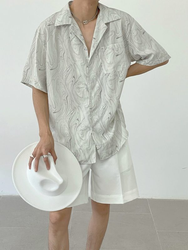 Vintage Wave Pattern Ice Silk Short Sleeve Shirt for Men, Loose Casual Cuban Collar Beach Shirt - Summer Style