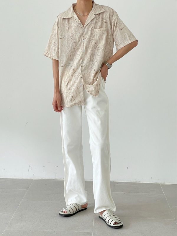 Vintage Wave Pattern Ice Silk Short Sleeve Shirt for Men, Loose Casual Cuban Collar Beach Shirt - Summer Style