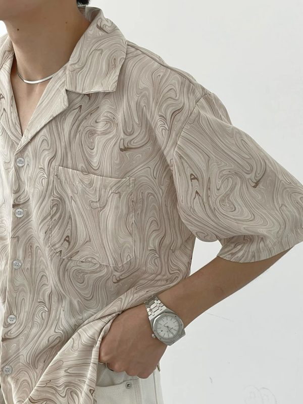 Vintage Wave Pattern Ice Silk Short Sleeve Shirt for Men, Loose Casual Cuban Collar Beach Shirt - Summer Style