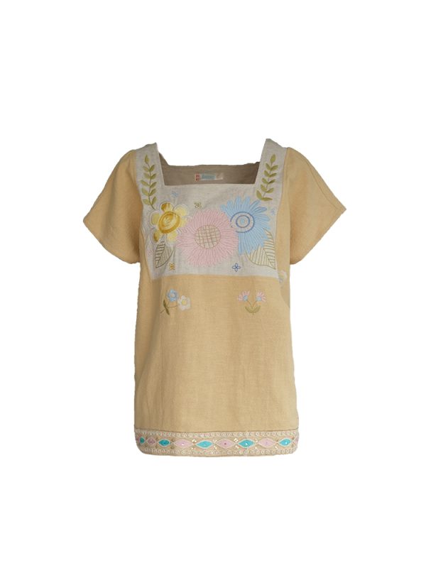 Vintage Wheat Field Dream Embroidered Linen Cotton Short Sleeve Square Neck Top Women's Summer T-Shirt Blouse Y2K Style