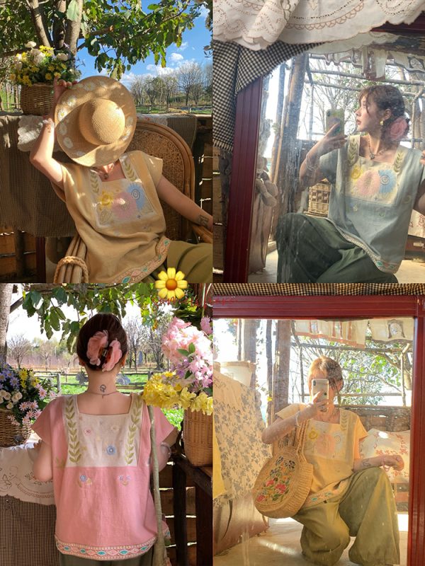 Vintage Wheat Field Dream Embroidered Linen Cotton Short Sleeve Square Neck Top Women's Summer T-Shirt Blouse Y2K Style