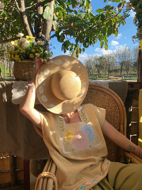 Vintage Wheat Field Dream Embroidered Linen Cotton Short Sleeve Square Neck Top Women's Summer T-Shirt Blouse Y2K Style