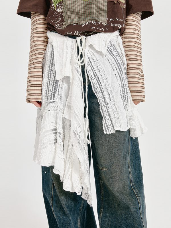 Vintage White Lace Irregular Hem Skirt for Women, Adjustable Straps, Versatile Layering Piece, Perfect for 90s and Y2K Style
