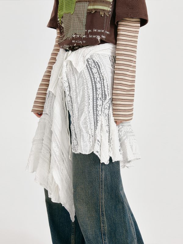 Vintage White Lace Irregular Hem Skirt for Women, Adjustable Straps, Versatile Layering Piece, Perfect for 90s and Y2K Style