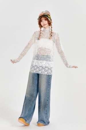 Vintage White Lace Stand Collar Shirt for Women - Loose Slightly Sheer Hollow Floral Top in American Style, Perfect for Y2K Fashion