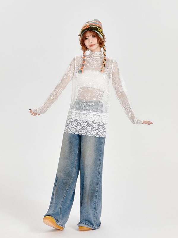 Vintage White Lace Stand Collar Shirt for Women - Loose Slightly Sheer Hollow Floral Top in American Style, Perfect for Y2K Fashion