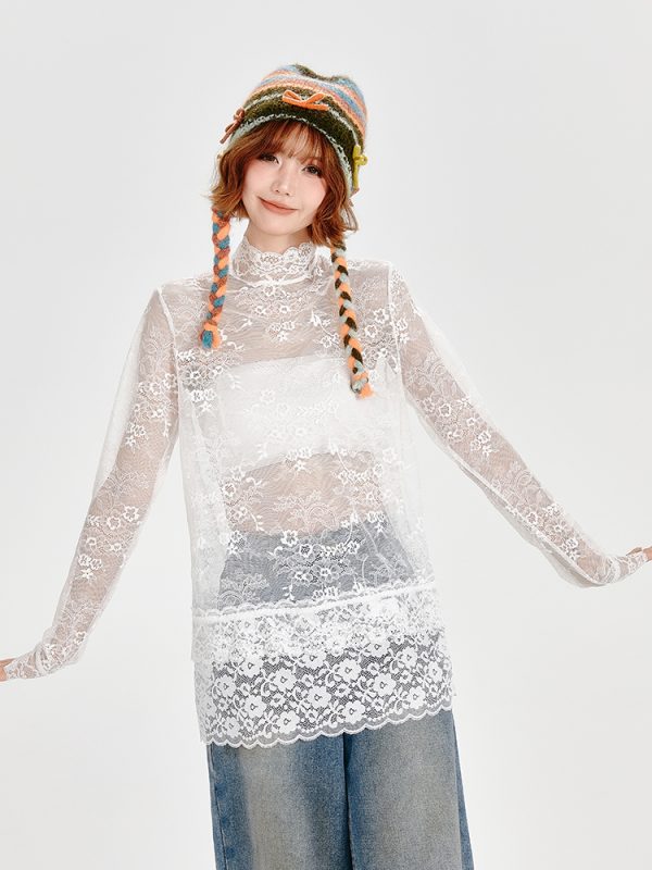 Vintage White Lace Stand Collar Shirt for Women - Loose Slightly Sheer Hollow Floral Top in American Style, Perfect for Y2K Fashion