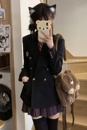 Waist-Cinching Slim Fit Pudding Bear JK Uniform Jacket - Female Academy Style 2025, Trendy Korean Style Fashion
