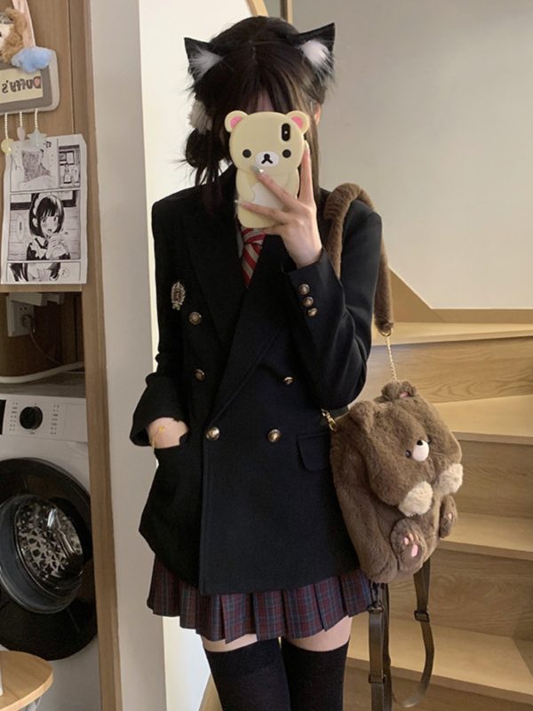 Waist-Cinching Slim Fit Pudding Bear JK Uniform Jacket - Female Academy Style 2025, Trendy Korean Style Fashion