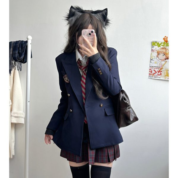 Waist-Defined Slimming JK Uniform Set for Women - Pudding Bear College Style Jacket & Skirt Outfit
