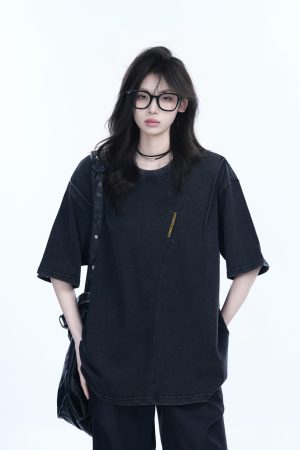 Washed Black Loose-Fit Short Sleeve T-Shirt for Women with Embroidered Half Sleeves â€“ American Street Style, Casual 90s Aesthetic