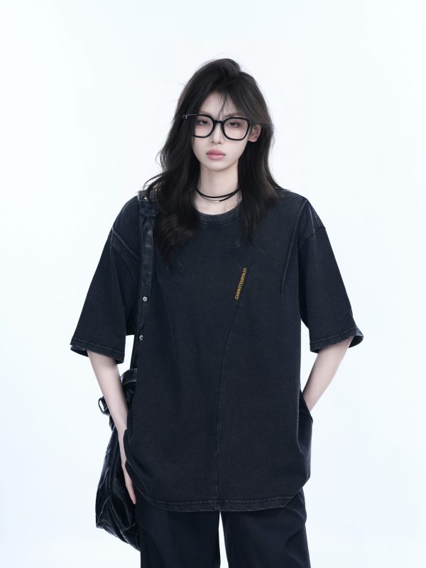 Washed Black Loose-Fit Short Sleeve T-Shirt for Women with Embroidered Half Sleeves â€“ American Street Style, Casual 90s Aesthetic