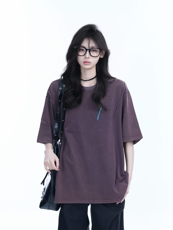 Washed Black Loose-Fit Short Sleeve T-Shirt for Women with Embroidered Half Sleeves â€“ American Street Style, Casual 90s Aesthetic