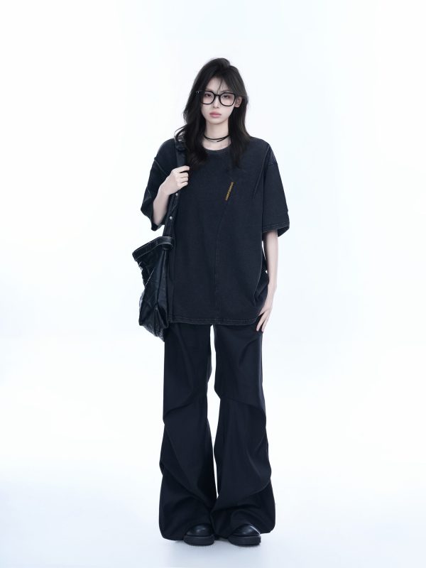 Washed Black Loose-Fit Short Sleeve T-Shirt for Women with Embroidered Half Sleeves â€“ American Street Style, Casual 90s Aesthetic