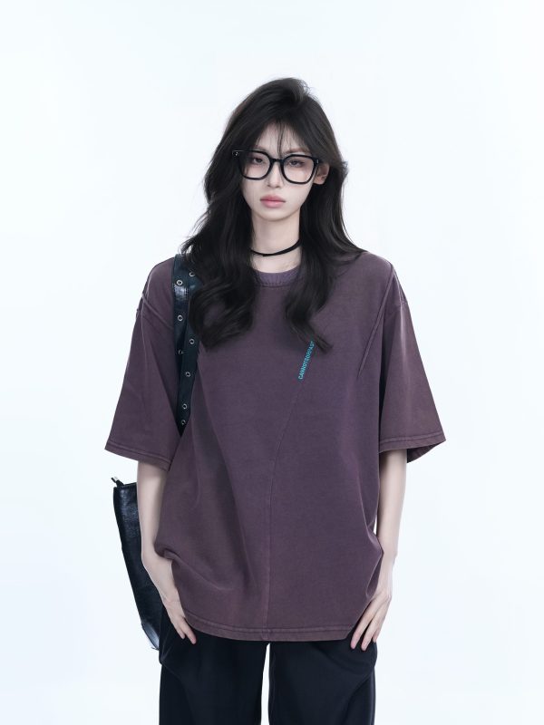 Washed Black Loose-Fit Short Sleeve T-Shirt for Women with Embroidered Half Sleeves â€“ American Street Style, Casual 90s Aesthetic