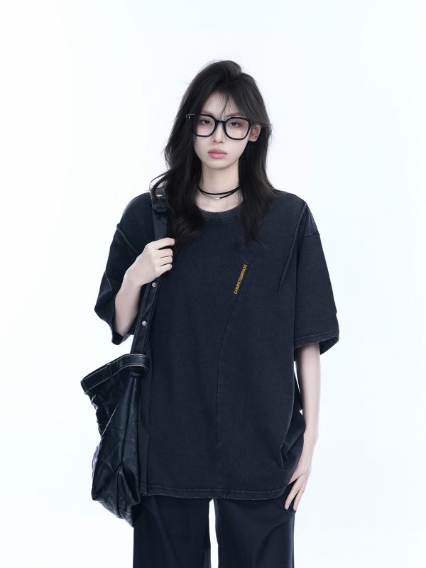 Washed Black Loose-Fit Short Sleeve T-Shirt for Women with Embroidered Half Sleeves â€“ American Street Style, Casual 90s Aesthetic