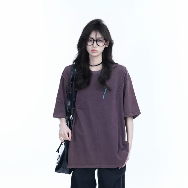 Washed Black Loose-Fit Short Sleeve T-Shirt for Women with Embroidered Half Sleeves â€“ American Street Style, Casual 90s Aesthetic