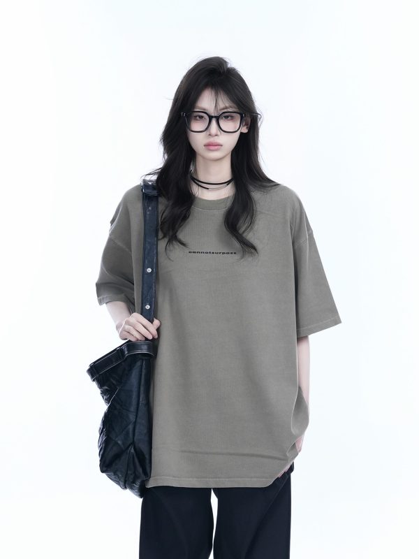 Washed Distressed Short Sleeve T-Shirt for Women - American Street Style with Unique Loose Round Neck