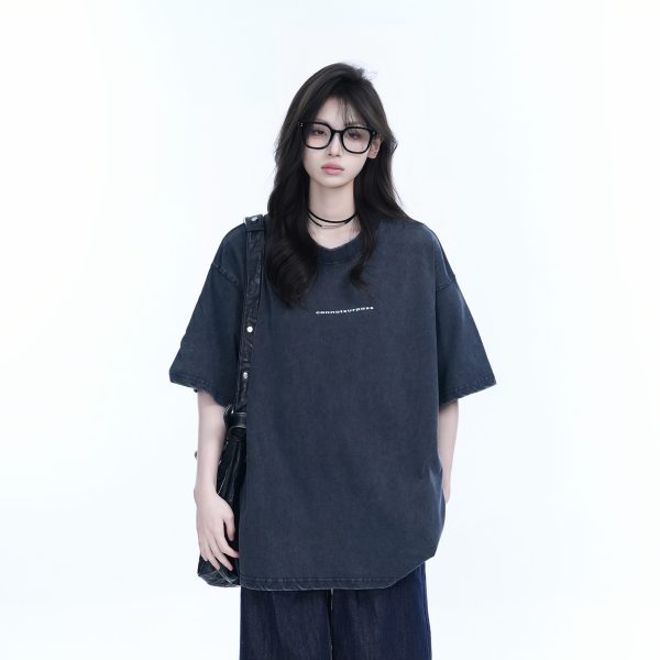 Washed Distressed Short Sleeve T-Shirt for Women - American Street Style with Unique Loose Round Neck