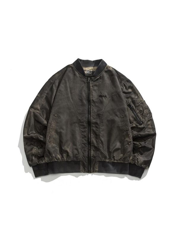 Wasteland Style Flight Jacket - Unisex Loose Baseball Jacket in Dirty Color, American Streetwear for Couples, Trendy 90s Fashion