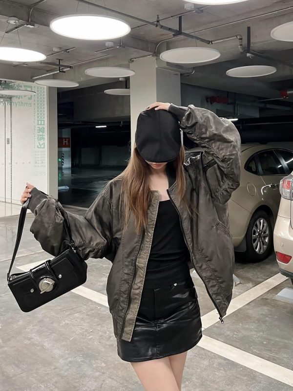 Wasteland Style Flight Jacket - Unisex Loose Baseball Jacket in Dirty Color, American Streetwear for Couples, Trendy 90s Fashion