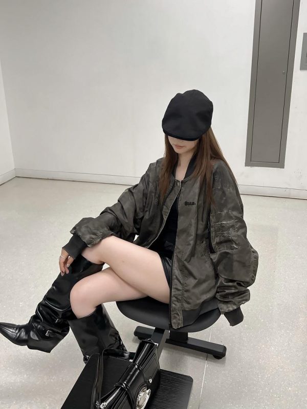 Wasteland Style Flight Jacket - Unisex Loose Baseball Jacket in Dirty Color, American Streetwear for Couples, Trendy 90s Fashion