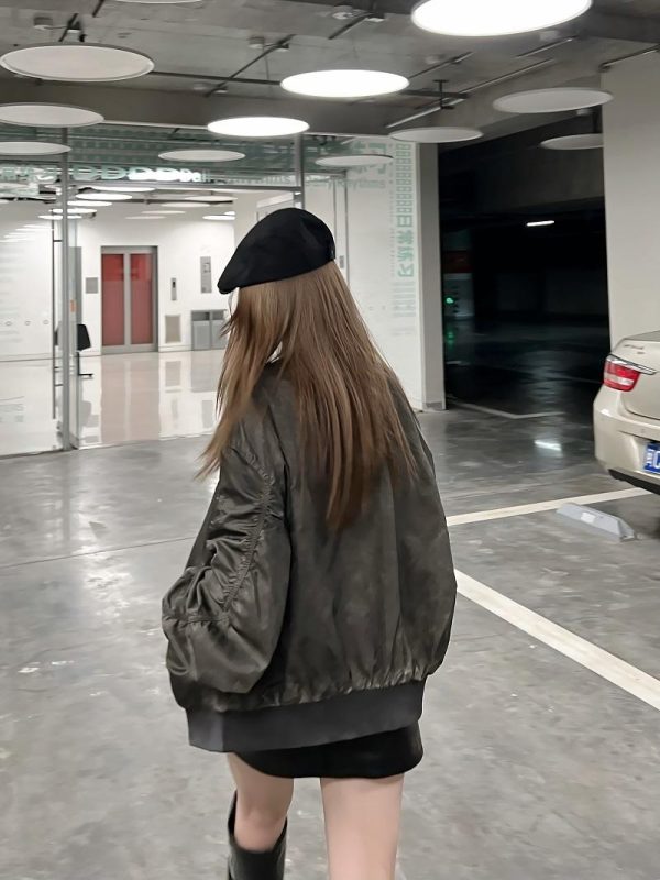 Wasteland Style Flight Jacket - Unisex Loose Baseball Jacket in Dirty Color, American Streetwear for Couples, Trendy 90s Fashion