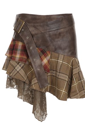 Wasteland Ultra-Complex Splicing Design Half Skirt for Women - Irregular Checkered Niche Pleated Skirt, Y2K Fashion