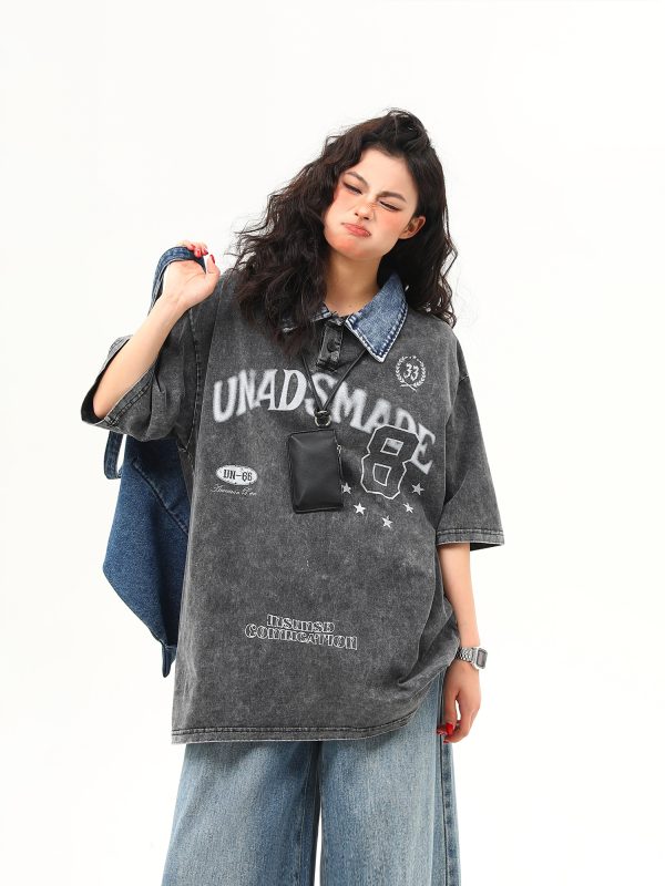 Water-Washed Heavyweight Denim Collar Short Sleeve T-Shirt for Men and Women - Summer American Retro Trendy Tee