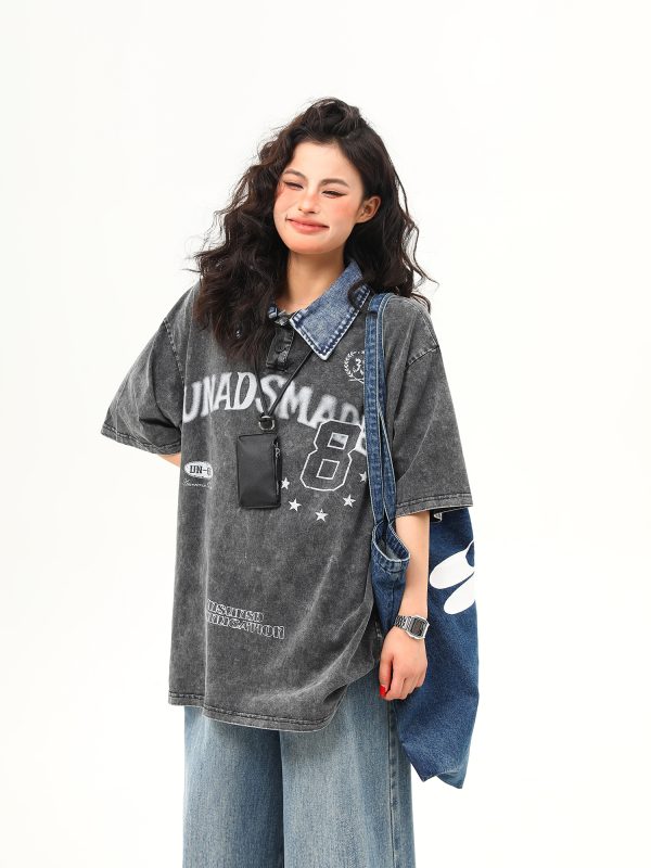 Water-Washed Heavyweight Denim Collar Short Sleeve T-Shirt for Men and Women - Summer American Retro Trendy Tee
