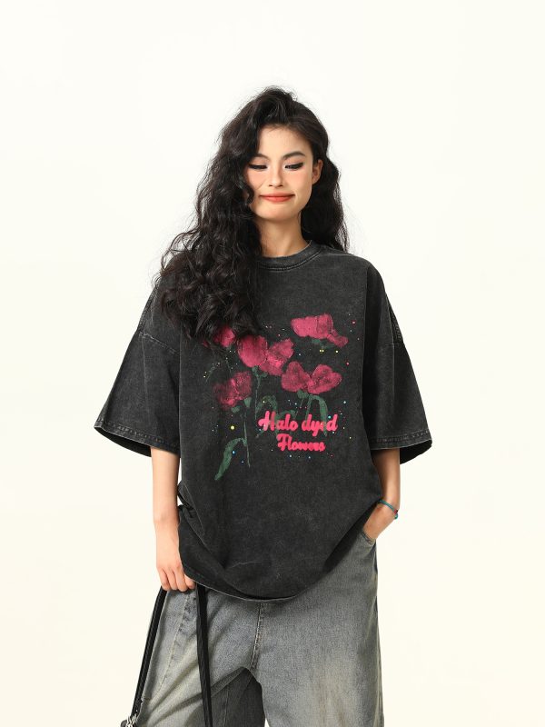 Water Washed Vintage Rose Print Short Sleeve T-Shirt for Men and Women - Summer Loose Trendy Streetwear Couple Top