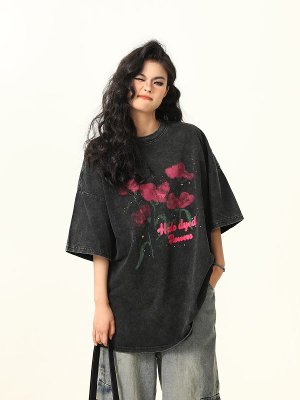 Water Washed Vintage Rose Print Short Sleeve T-Shirt for Men and Women - Summer Loose Trendy Streetwear Couple Top