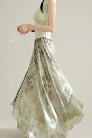 Watercolor Ink Print Large Swing Half-Length Skirt with Cicada Wing Texture - Green Women's Summer 2025 Gradient Printed Long Skirt