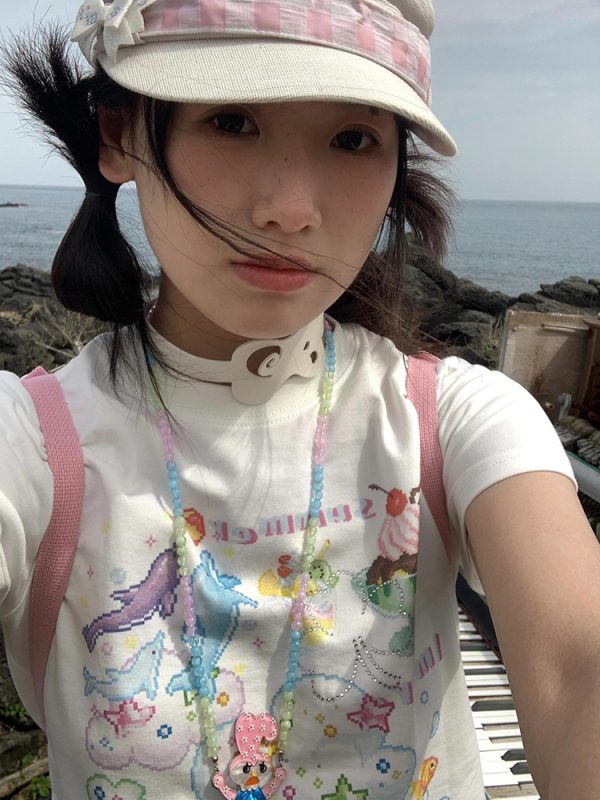 White Dolphin Print Short Sleeve T-Shirt for Women, Fitted Summer Top, Sweet and Spicy American Style, Y2K Fashion