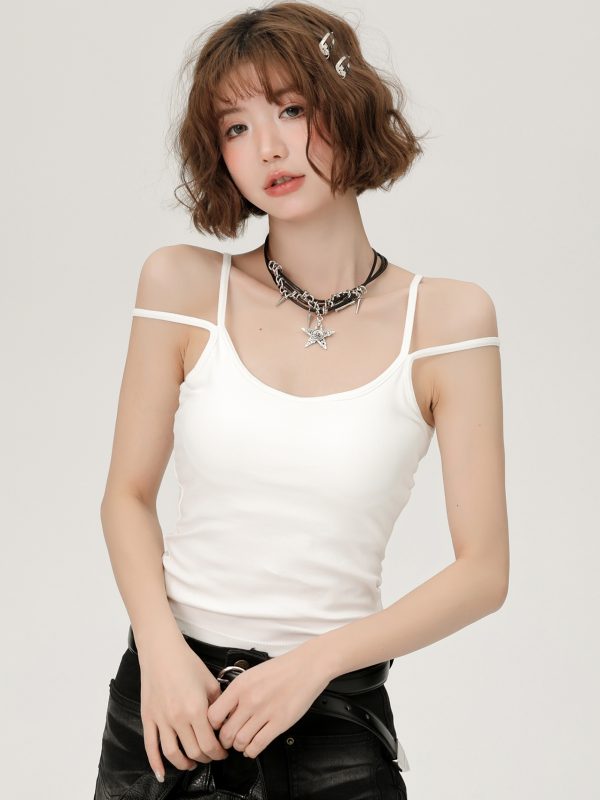 White Double-Strap Camisole for Women - Summer Layering Top with Chest Pads, Sexy Back Design, Perfect for Y2K and Korean Style Fashion
