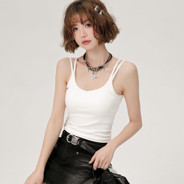 White Double-Strap Camisole for Women - Summer Layering Top with Chest Pads, Sexy Back Design, Perfect for Y2K and Korean Style Fashion