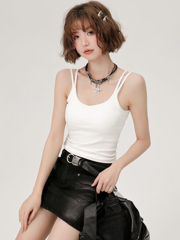 White Double-Strap Camisole for Women - Summer Layering Top with Chest Pads, Sexy Back Design, Perfect for Y2K and Korean Style Fashion
