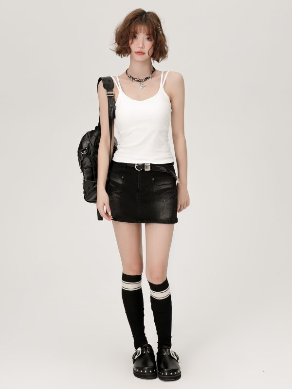 White Double-Strap Camisole for Women - Summer Layering Top with Chest Pads, Sexy Back Design, Perfect for Y2K and Korean Style Fashion