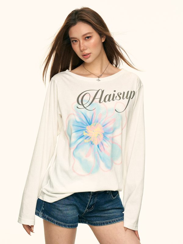 White Floral Print Off-Shoulder T-Shirt for Women, Summer Loose Relaxed Sun Protection Cover-Up, Casual 90s Style Top