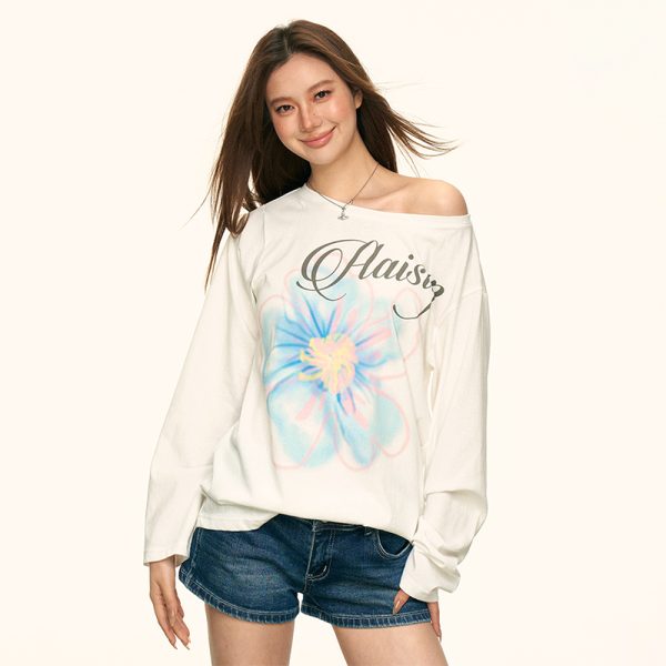 White Floral Print Off-Shoulder T-Shirt for Women, Summer Loose Relaxed Sun Protection Cover-Up, Casual 90s Style Top