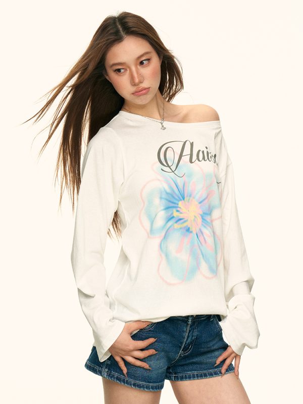 White Floral Print Off-Shoulder T-Shirt for Women, Summer Loose Relaxed Sun Protection Cover-Up, Casual 90s Style Top
