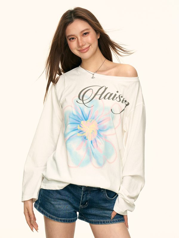 White Floral Print Off-Shoulder T-Shirt for Women, Summer Loose Relaxed Sun Protection Cover-Up, Casual 90s Style Top