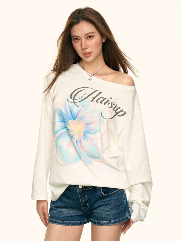 White Floral Print Off-Shoulder T-Shirt for Women, Summer Loose Relaxed Sun Protection Cover-Up, Casual 90s Style Top