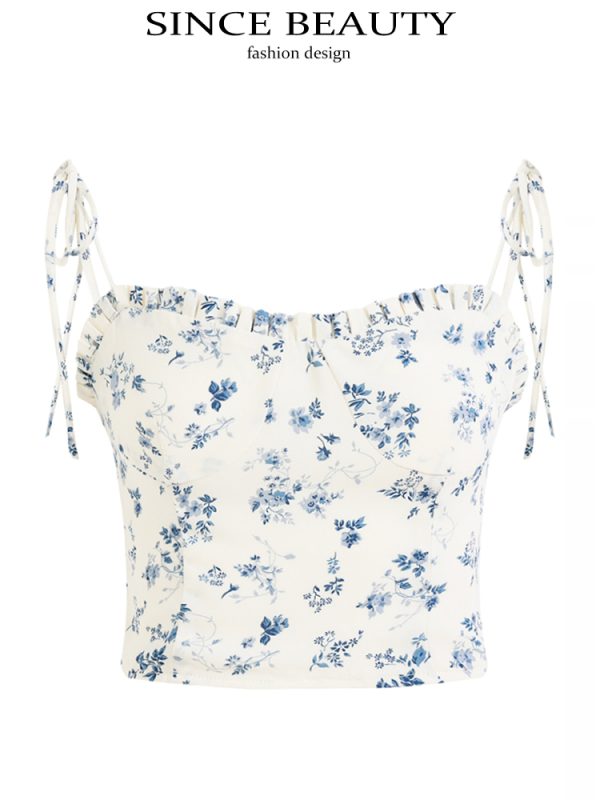 White Floral Ruffled Slim Fit Camisole Top - 2025 French Style Women's Fashion, Unique Design, Perfect for Spring & Summer