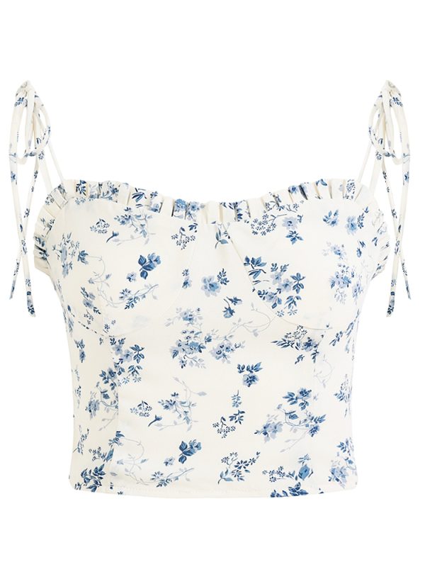 White Floral Ruffled Slim Fit Camisole Top - 2025 French Style Women's Fashion, Unique Design, Perfect for Spring & Summer