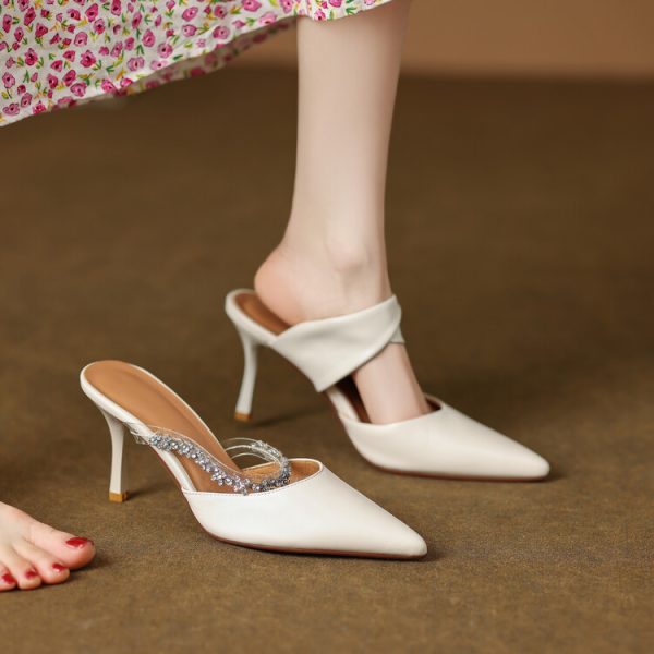White High-Heeled Sandals for Women with Single Strap and Rhinestone Accent - Stylish Summer Footwear