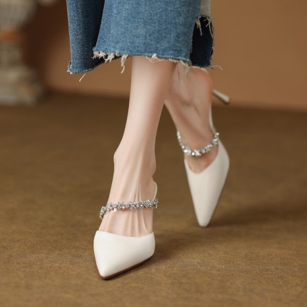 White High-Heeled Sandals for Women with Single Strap and Rhinestone Accent - Stylish Summer Footwear