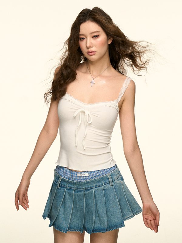 White Lace Bow Tie Camisole for Women - Summer Slim Fit Short Top in Sexy Pure Desire Style